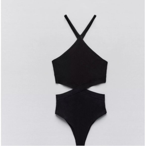 Zara Rib Cutout Y2K Halter Bodysuit Black ( S ) - Picture 3 of 6